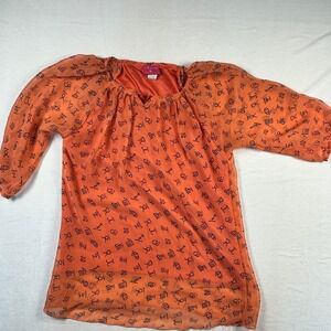 Exotic Womens XL Orange Zodiac Astrology Print Chiffon 3/4 Sleeve Blouse Top